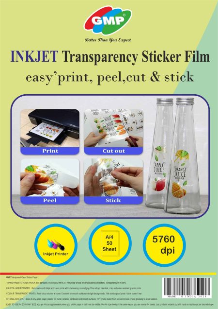 GMP A4 Inkjet Transparent Sticker Paper (Clear Glossy) A4 Size Waterproof Self-Adhesive Sheets 120gsm Self-Adhesive Inkjet NonTearable Sticker