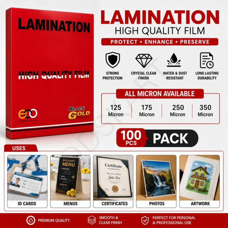 Black Gold Laminating Pouches A4 (225 x 310 mm), 125 Microns – Clear Glossy & Waterproof (100 Pouches)