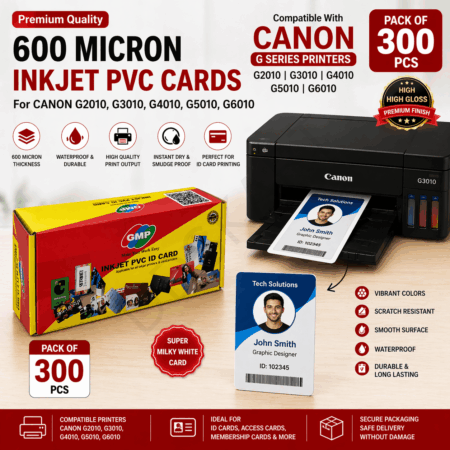 GMP 600 Micron Inkjet PVC ID Cards for Canon G Series Printers (G2010, G3010, G4010, G5010, G6010) – Single Card Output, Waterproof, Pack of 300