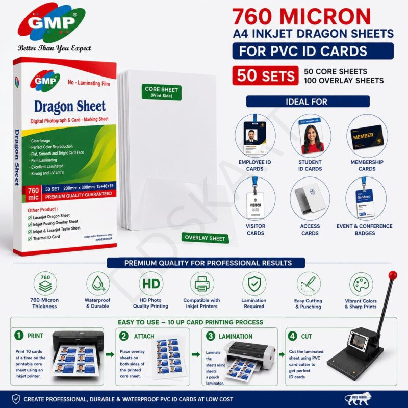 GMP 760 Micron A4 Inkjet Dragon Sheets for PVC ID Card Printing – 50 Sets | Waterproof HD Quality