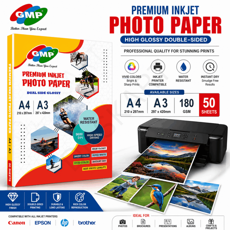 GMP 180 GSM High Glossy Double-Sided Inkjet Photo Paper A4 – Premium Photo Printing (50 Sheets Pack)