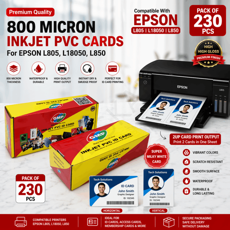 GMP 800 Micron Inkjet PVC Cards (230 pcs) — Designed for Epson L805, L18050, L850, L8050, 230