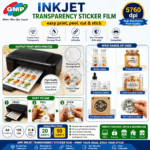 GMP A4 Transparent Inkjet Sticker Paper 120 GSM  – Clear Glossy, Waterproof, Non-Tearable, Self-Adhesive Labels