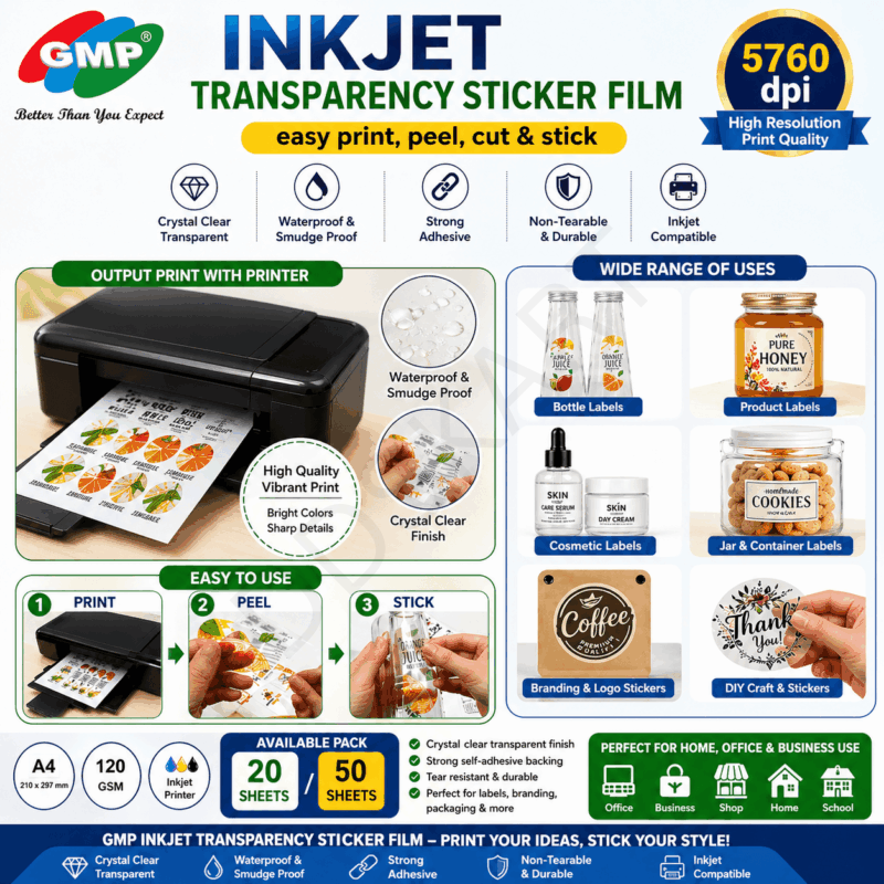 GMP A4 Transparent Inkjet Sticker Paper 120 GSM  – Clear Glossy, Waterproof, Non-Tearable, Self-Adhesive Labels