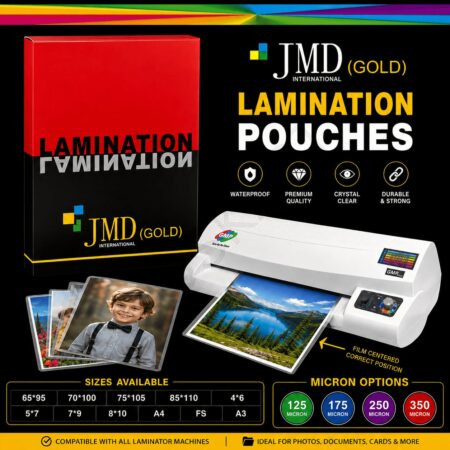 JMD Gold Laminating Pouches – Glossy Waterproof Sheets – 125/175/250/350 Micron Variants