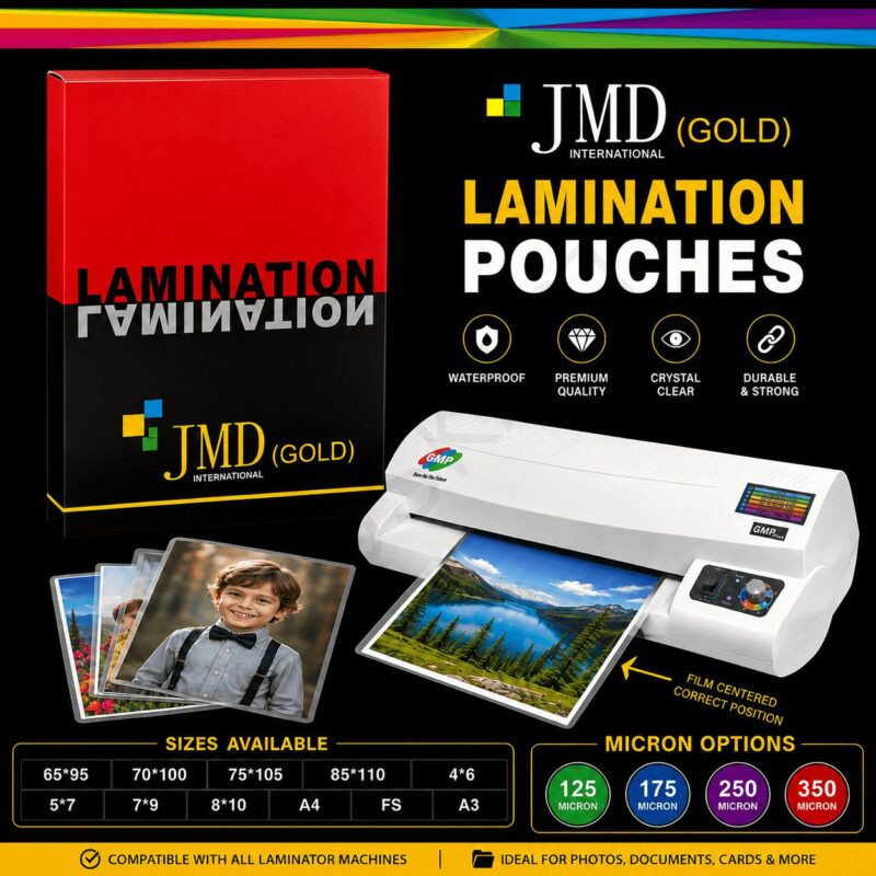 JMD Gold Laminating Pouches – Glossy Waterproof Sheets – 125/175/250/350 Micron Variants