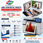 GMP Non-Tearable LMO Synthetic Paper for Laser Printer – 125/175/200/250 Micron Waterproof Sheets | A4 A3 12×18 13×19 | ID Card, Menu, Tag Printing, Compatible with All Laser Printers