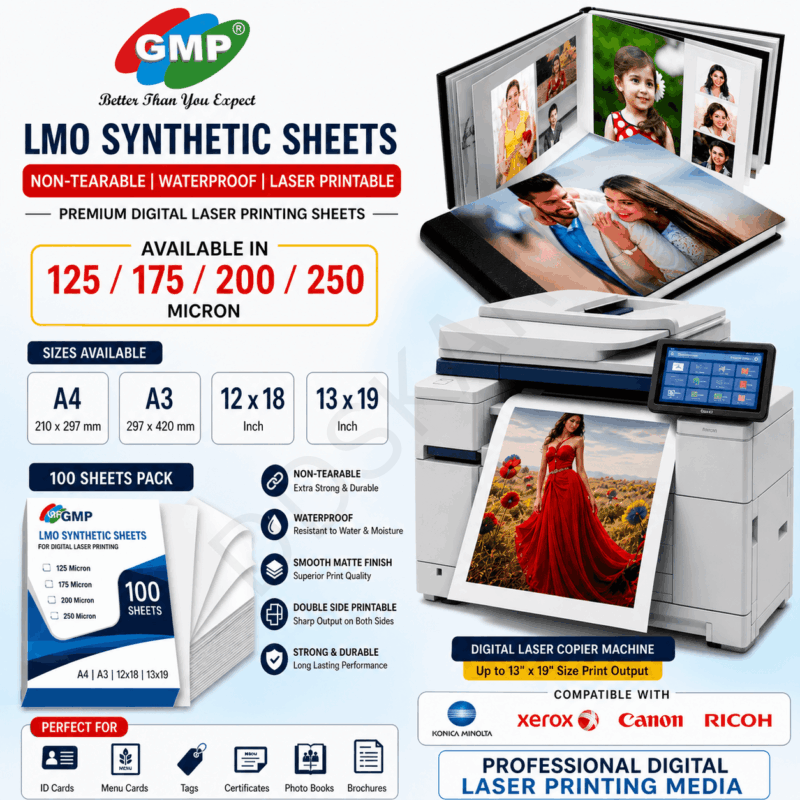 GMP Non-Tearable LMO Synthetic Paper for Laser Printer – 125/175/200/250 Micron Waterproof Sheets | A4 A3 12×18 13×19 | ID Card, Menu, Tag Printing, Compatible with All Laser Printers