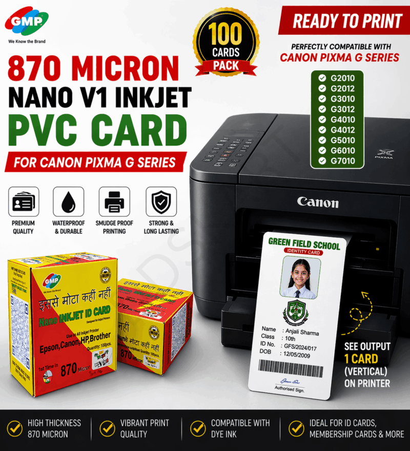 GMP 870 Micron Nano V1 Inkjet PVC Cards for Canon PIXMA G Series – Professional ID Card Printing (100 Sheets)