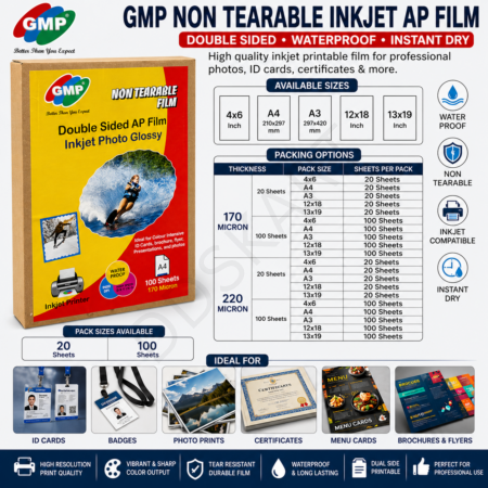 GMP Non-Tearable Inkjet AP Film 170 & 220 Micron (4×6, A4, A3, 12×18, 13×19 Inches) – Dual Side Printable, Waterproof, Instant Dry Photo Film for ID Card Printing