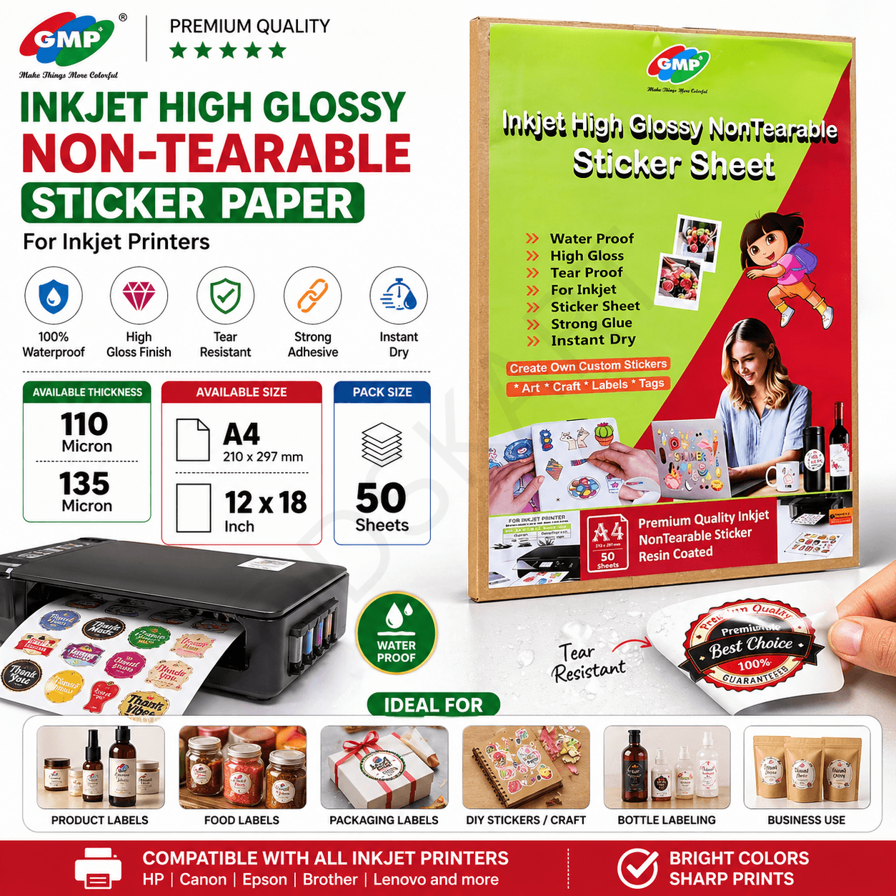 GMP 110 & 135 Micron Inkjet Non-Tearable Sticker (50 Sheets) A4-12*18— High Gloss, Waterproof, Self-Adhesive Paper