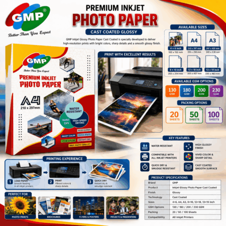 GMP Inkjet  High Glossy Photo Paper Cast Coated A4 Size – 130 GSM / 180 GSM / 200 GSM / 260 GSM – High Resolution & Quick Dry Printing