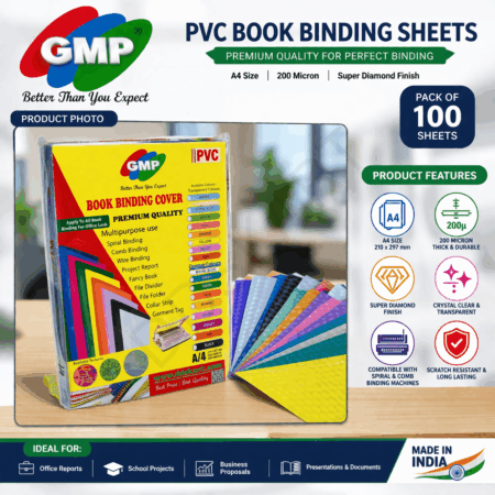 GMP A4 PVC Book Binding Sheets | 200 Micron Super Diamond Finish | Gloss Matte Finish Transparent Spiral Binding Covers | Pack of 100