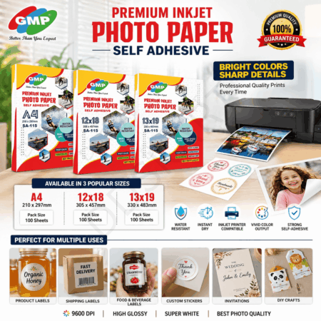 GMP A4 Glossy Self-Adhesive Inkjet Photo Sticker Paper (115 & 135 GSM, 100 Sheets) – Waterproof, High-Resolution Print