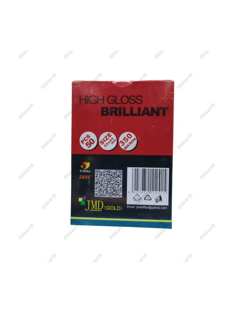 JMD Gold Laminating Pouches 65x95mm – 350 Microns, Clear Glossy Finish, Waterproof Sheets – Pack of 100