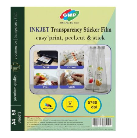 GMP A4 Transparent Inkjet Sticker Paper 120 GSM  – Clear Glossy, Waterproof, Non-Tearable, Self-Adhesive Labels