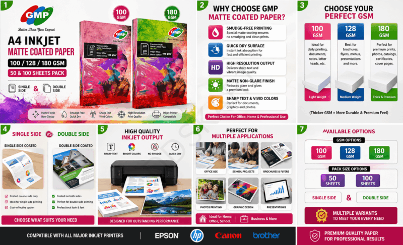 GMP A4 Inkjet Matte Coated Paper 100/128/180 GSM (100 Sheets) – Smooth Finish, Smudge-Free, High-Quality Printing