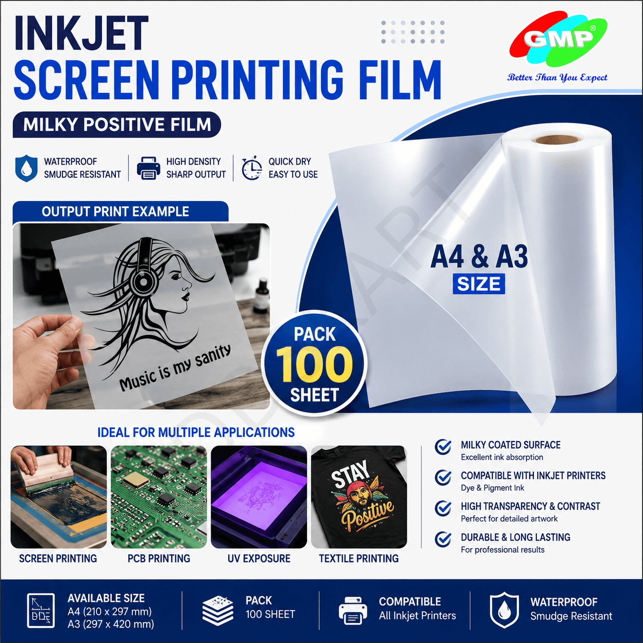 GMP A4 & A3 Milky Inkjet Positive Film for Screen Printing – Waterproof Transparency Film (100 Sheets Pack)