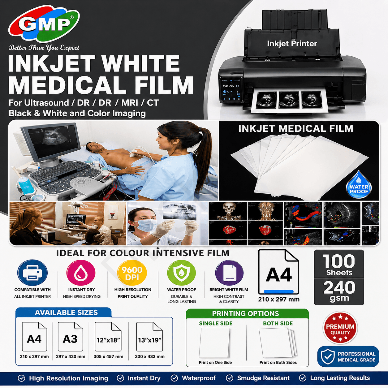GMP White Dry Inkjet Medical X-Ray Film for Ultrasound Imaging – High Resolution, Waterproof, Instant Dry, A4/A3/12*18/13*19 Sizes