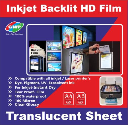 GMP Translucent Backlit Film sheet/Back Lit Paper Displays, Excellently printable with all Inkjet printers & Laser Copiers