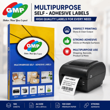 GMP A4 Multipurpose Printable Label Sheets (100 Sheets) – Self Adhesive White Sticker Paper for Inkjet & Laser Printers, High Quality 100 GSM, Strong Stick for Packaging, Address, Barcode & Office Use