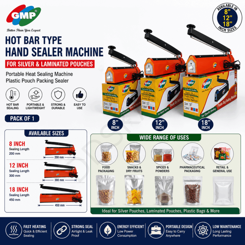 GMP Hot Bar Type Hand Sealer Machine 8" 12" 18" for Silver & Laminated Pouches | Portable Heat Sealing Machine | Plastic Pouch Packing Sealer | Pack of 1
