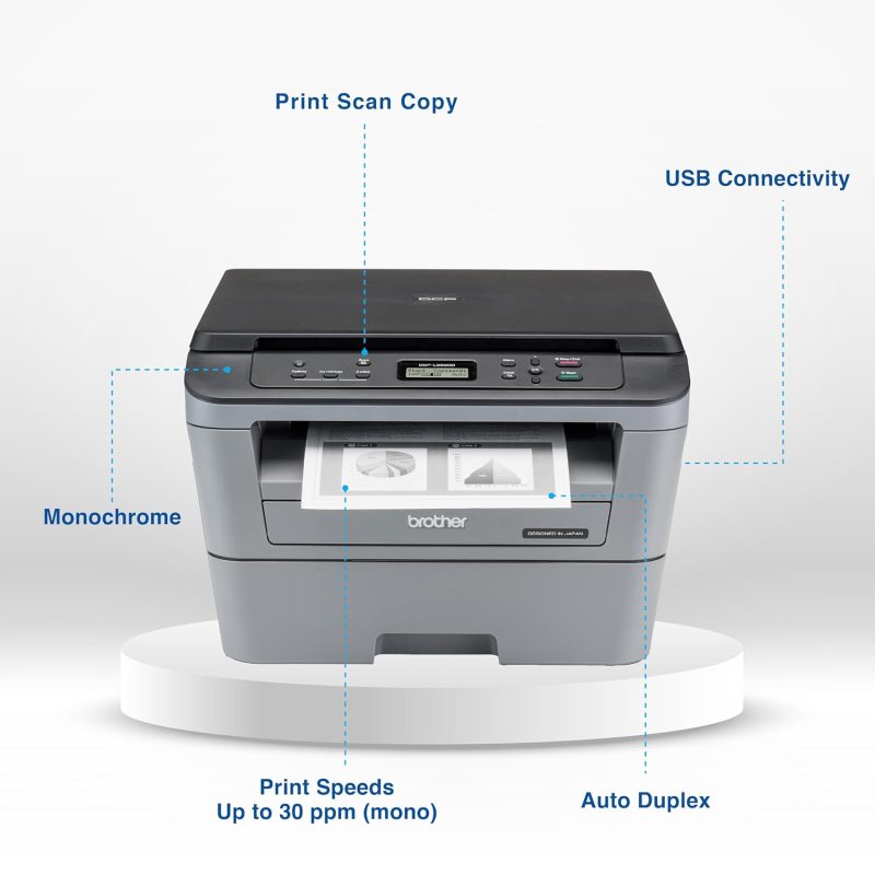 Brother DCP-L2520D Automatic Duplex Laser Printer with 30 Pages Per Minute Print Speed, Multifunction (Print Scan Copy), 2 in 1 (ID) Copy Button, LCD Display, 32 MB Memory, 250 Sheet Paper Tray, USB