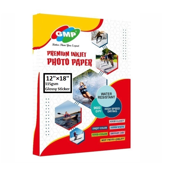 GMP 12×18 Inch Glossy Self-Adhesive 115gsm Inkjet Photo Stickers (100 Sheets)