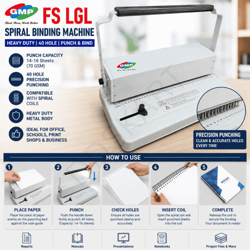 GMP Heavy Duty FS/ LGL Spiral Binding Machine – 14-16 Sheets Punch Capacity, 40 Holes Coil Binder for Office Use