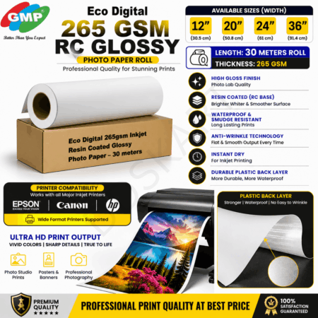 GMP Rc- 265 gsm Premium RC Glossy Photo Paper Roll (12'', 20'' , 24'' , 36'' x 30 meters) Wide Format Inkjet print (2025 New Upgrade, plastic film layer in the back, more durable more waterproof, no easy to get wrinkle)