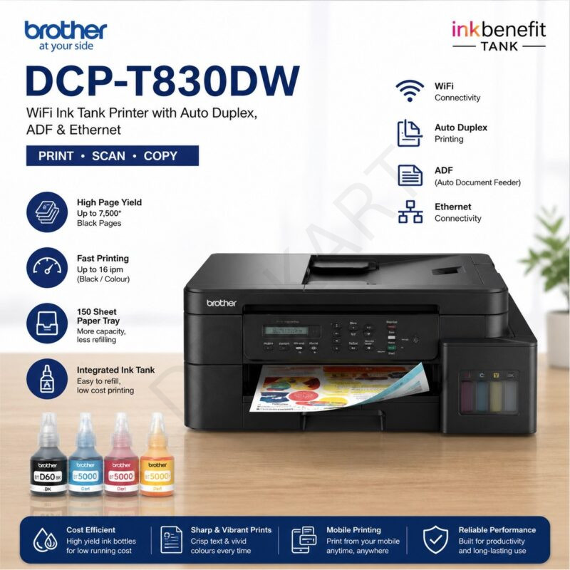 Brother DCP-T830DW WiFi Ink Tank Printer – Print, Scan, Copy with Auto Duplex, ADF & Ethernet