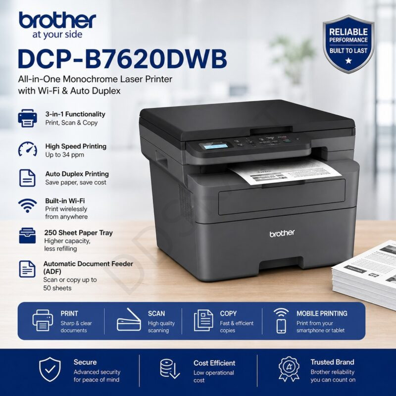 Brother Printer DCP- B7620DWB All in One Monochrome Laser Printer, Wi-Fi & Auto Duplex