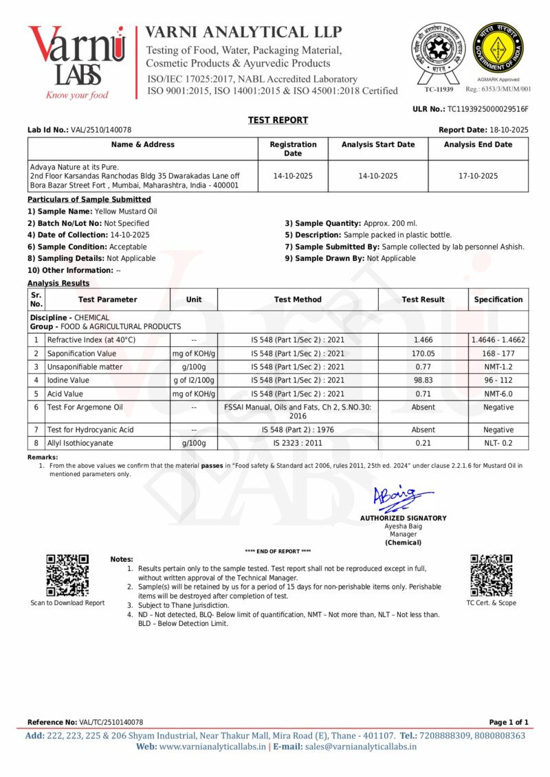 Advãya’s Yellow Mustard Oil – Stone Pressed (Kachi Ghani) Pure & Natural Edible Oil