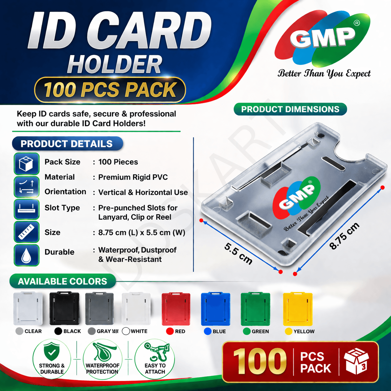 GMP Premium ID Card Holder – Durable PVC Badge Holder for Office, School & Events- 100 pcs  pack