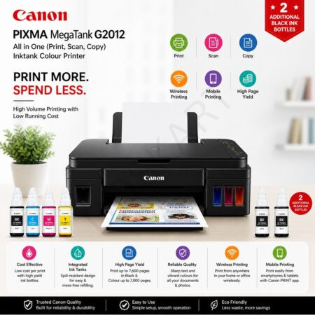Canon PIXMA MegaTank G2012 All in One (Print, Scan, Copy) Inktank Colour Printer with 2 Additional Black Ink Bottles