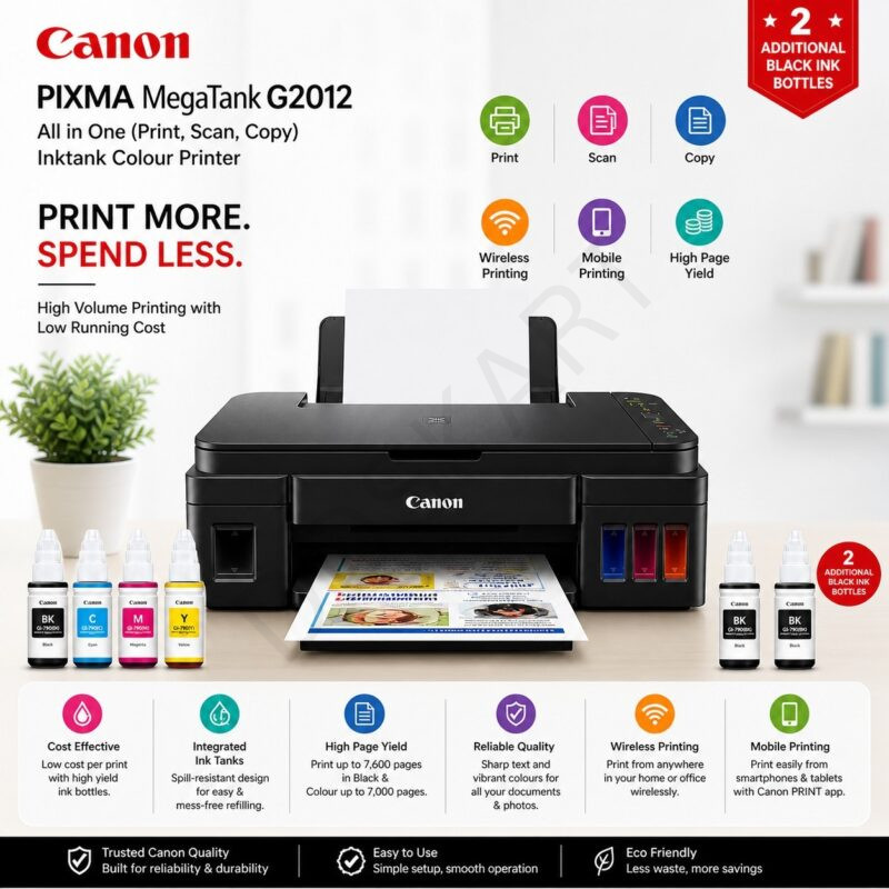 Canon PIXMA MegaTank G2012 All in One (Print, Scan, Copy) Inktank Colour Printer with 2 Additional Black Ink Bottles