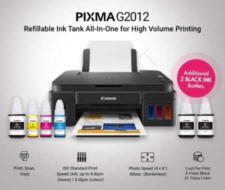 Canon PIXMA MegaTank G2012 All in One (Print, Scan, Copy) Inktank Colour Printer with 2 Additional Black Ink Bottles