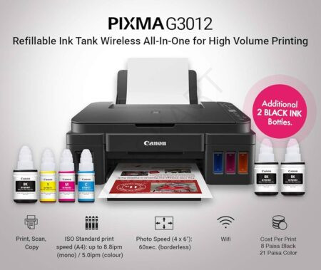 Canon PIXMA MegaTank G2012 All in One (Print, Scan, Copy) Inktank Colour Printer with 2 Additional Black Ink Bottles