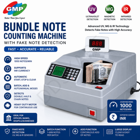 GMP Bundle Note Counting Machine with Fake Note Detection | High-Speed Money Counter with UV, MG & IR Sensors | Automatic Bank Note Counting Machine for INR/USD/EUR | Heavy Duty Cash Counting Machine for Office & Business Use
