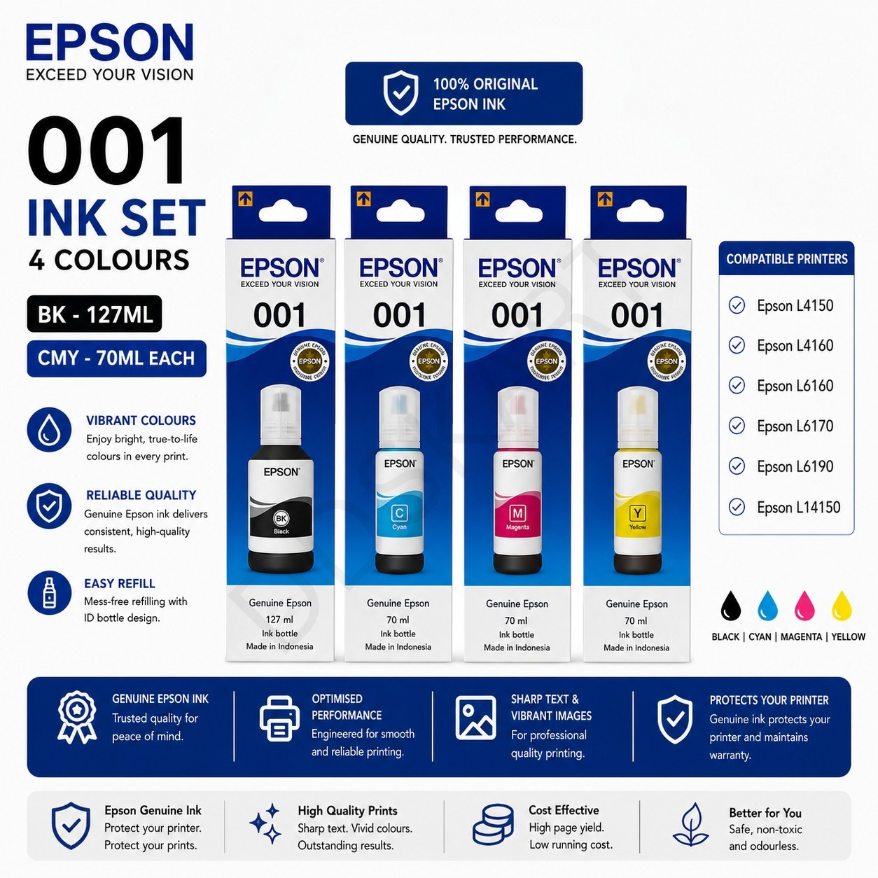 Epson 001 Original Ink Set BK 127ML CMY 70ML for L4150 L4160