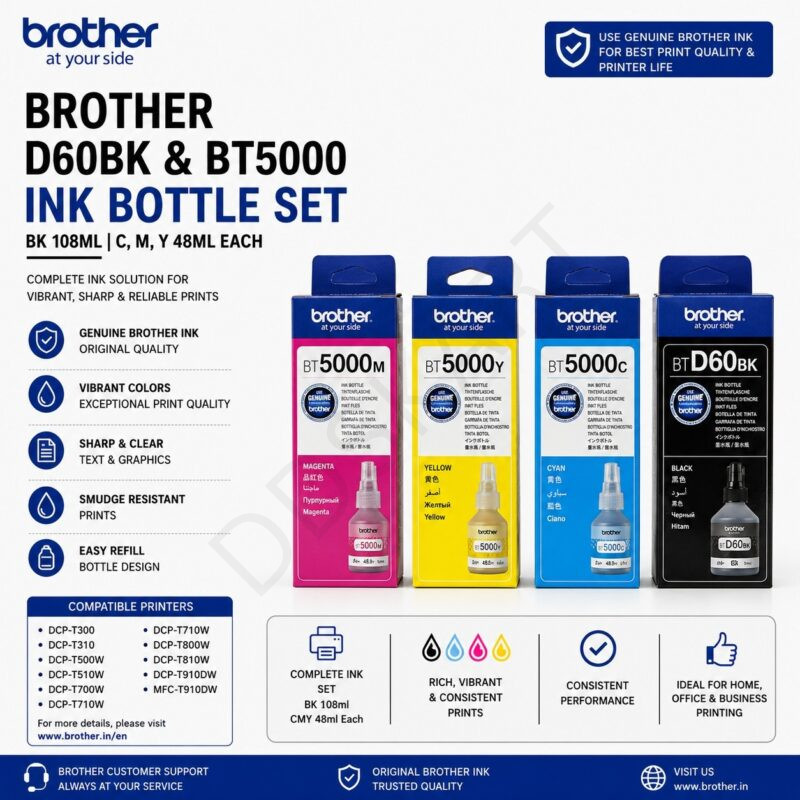Brother D60BK & BT5000 ink Bottle Set , BK 108 ML CMY 48ML Each