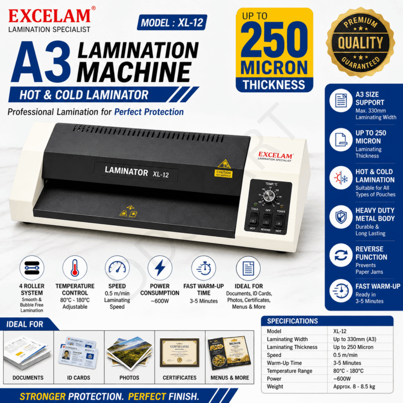 Excelam or Xlam XL-12 A3 Lamination Machine All Documents Laminator Machine 250 Micron Hot Laminator Machine