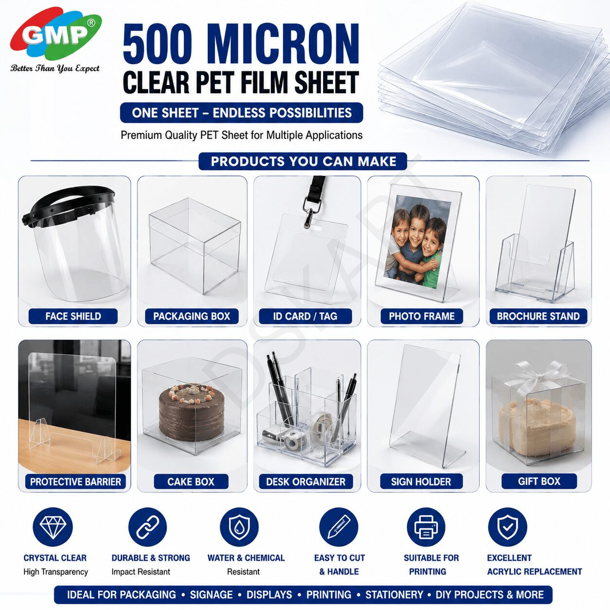 GMP 500 Micron Clear PET Film Sheet (Available in A4, A3, 12x18, 13x19, 18x24, 24x36 Inches) – Transparent Acrylic Sheet Replacement