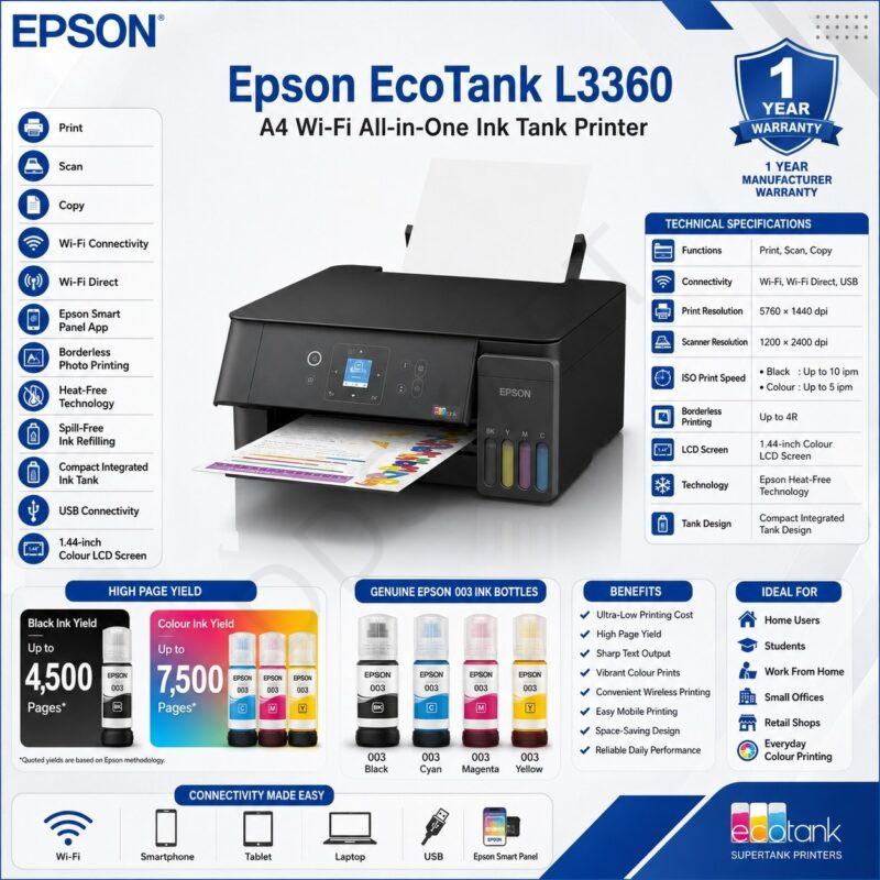 Epson EcoTank L3360 A4 Wi-Fi All-in-One Ink Tank Printer