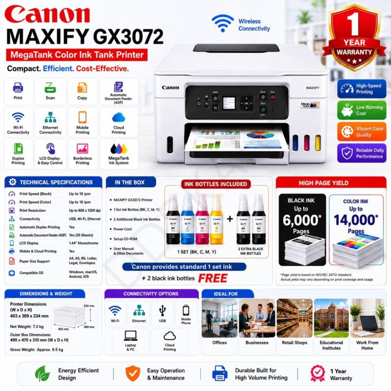 Canon MAXIFY GX3072 MegaTank Color Ink Tank Printer
