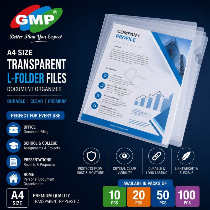 GMP A4 Size Transparent L-Folder Files Document Organizer – Durable Clear Plastic Folder, Pack of 10, 20, 50 & 100