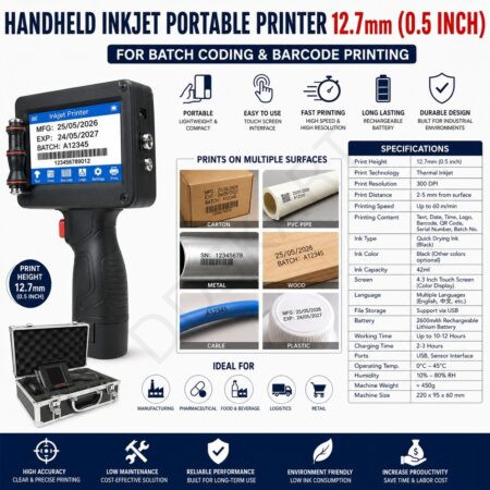 Handheld Inkjet Portable Thermal Printer 12.7mm (0.5 Inch) For Batch & Barcode Printing