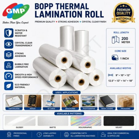 GMP BOPP Thermal Lamination Roll – Glossy & Matte | 22, 25 & 27 Micron | 9", 10", 12", 12.5", 13", 14", 18" | Professional Hot Lamination Film