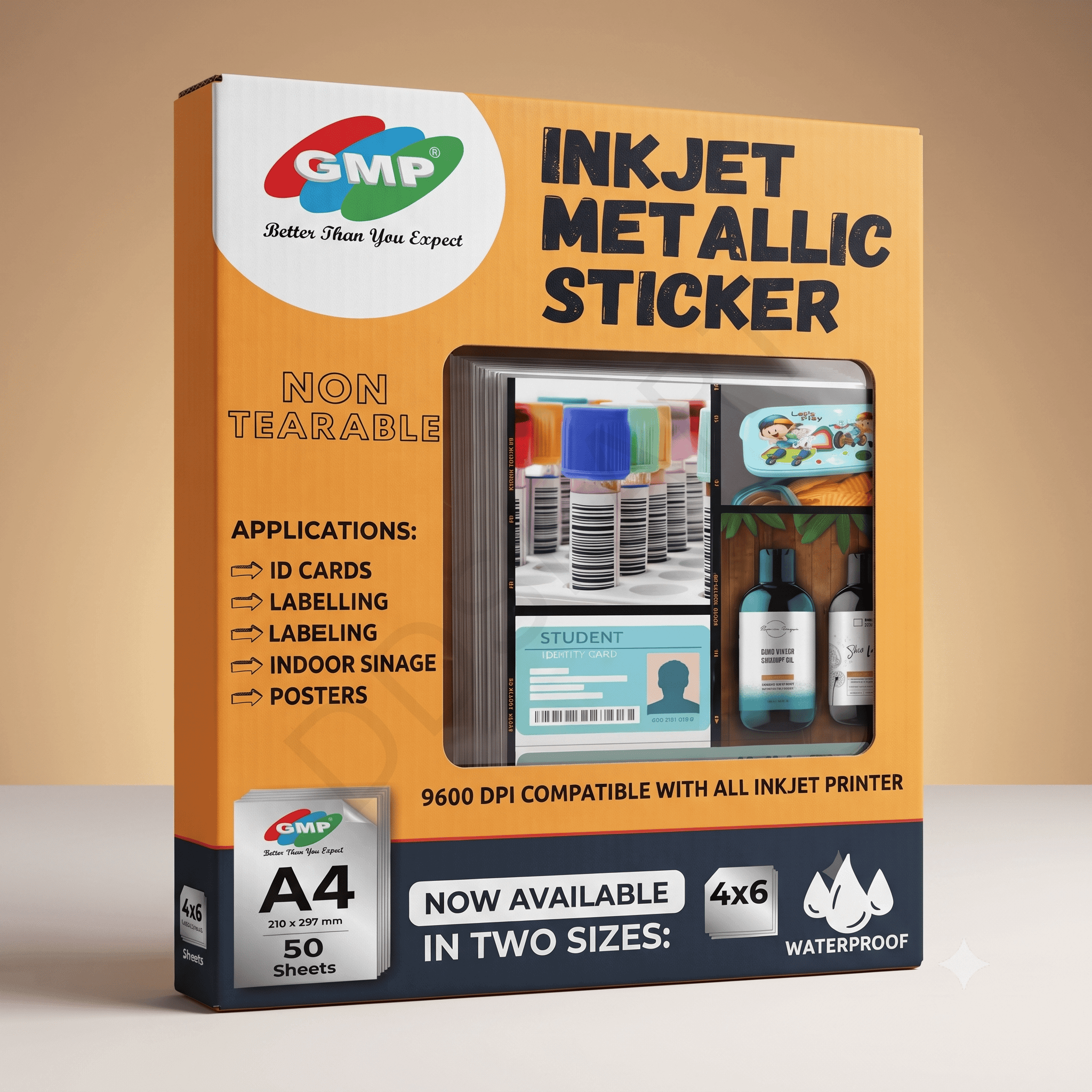 GMP Premium A4 & 4R (4×6") Inkjet Non-Tearable Metallic Sticker Paper – Resin Coated, Waterproof, 9600 DPI, 50 Sheets